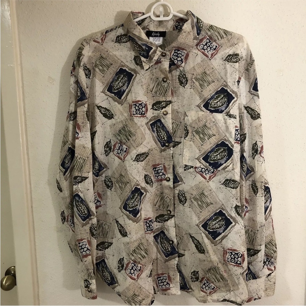 Tapestry Women Artsy Abstract Button Up Shirt SZ XL Beige Leaf Preppy Minimalist
